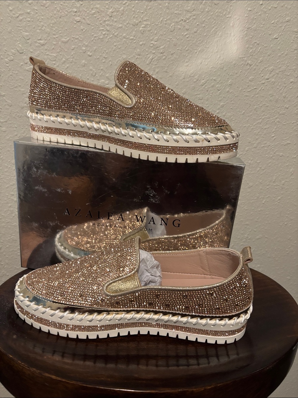 Gold Crystal Slip-On Platform Sneakers Azalea Wang.